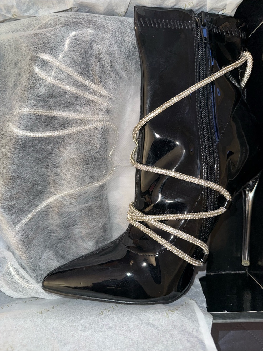 Black Patent Stiletto Ankle Boot with Rhinestone Wrap
